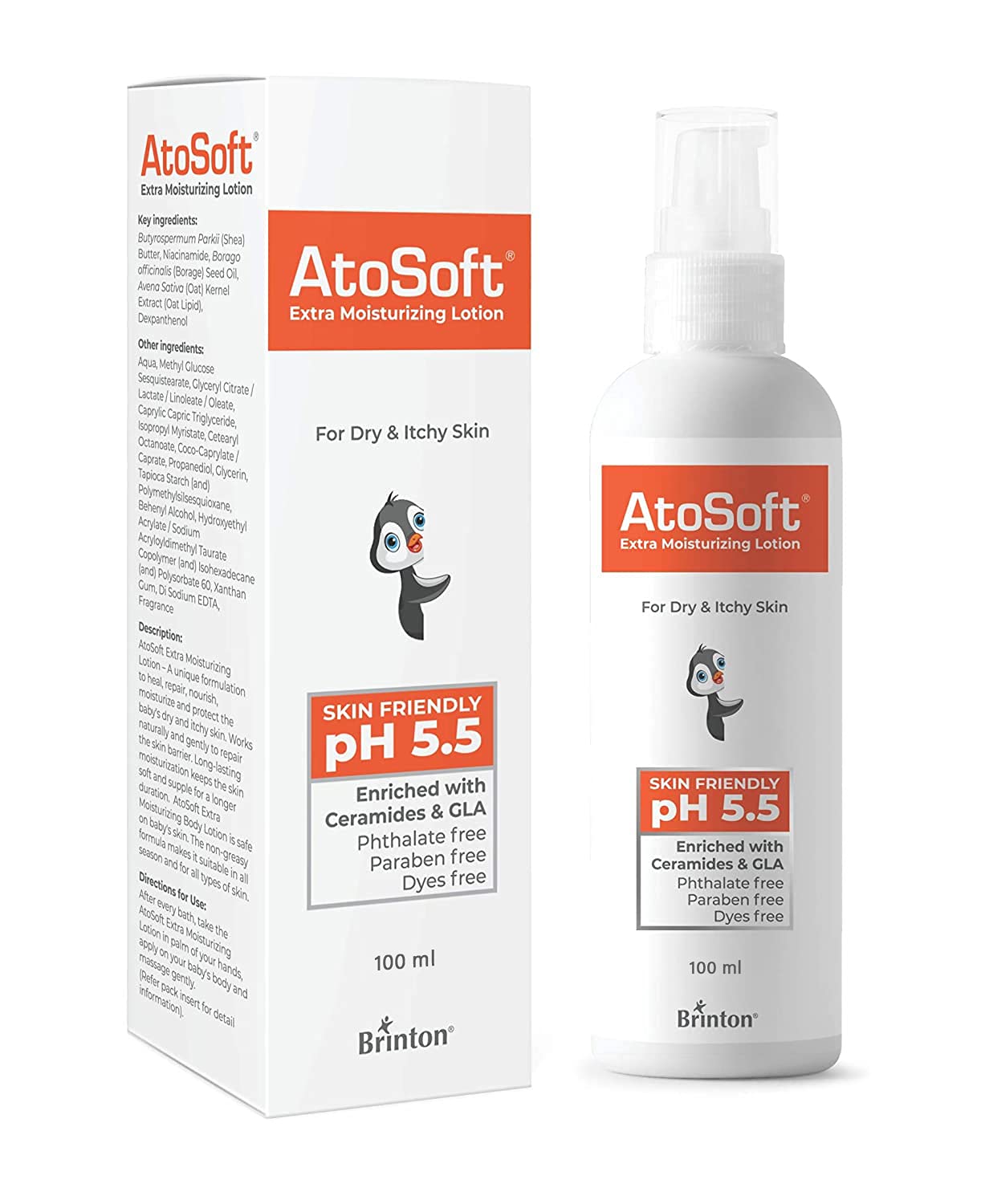 link Brinton Atosoft Extra Moisturizing Baby Body Lotion with Pump for Sensitive and Delicate Skin pH 5.5 | Dermatologist Recommended Moisturizer Paraben-Free (Lotion 100 ml)