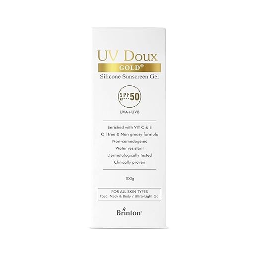 link Brinton UV Doux Gold Silicone Sunscreen Gel SPF 50 PA+++ With Vitamin C & E | Clinically Tested Water Resistant & Non- Greasy | UVA/UVB Protection Against UVA/UVB Rays| For All Skin Types 100 gm (Pack of 1)