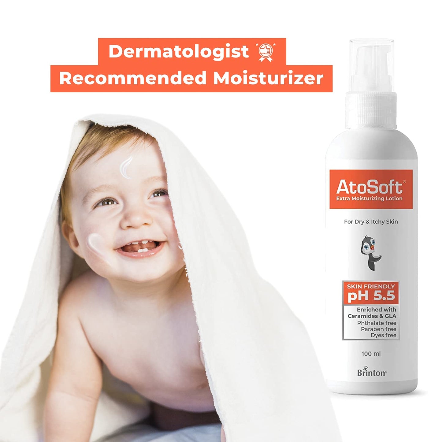 link Brinton Atosoft Extra Moisturizing Baby Body Lotion with Pump for Sensitive and Delicate Skin pH 5.5 | Dermatologist Recommended Moisturizer Paraben-Free (Lotion 100 ml)