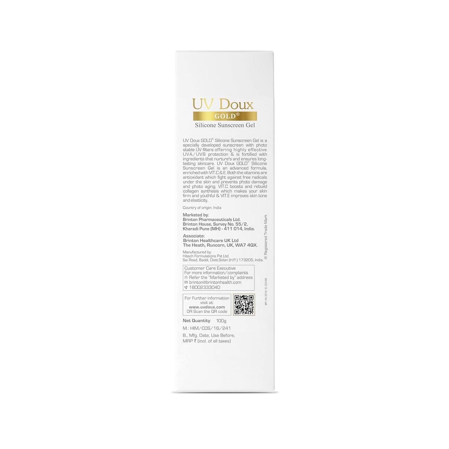 link Brinton UV Doux Gold Silicone Sunscreen Gel SPF 50 PA+++ With Vitamin C & E | Clinically Tested Water Resistant & Non- Greasy | UVA/UVB Protection Against UVA/UVB Rays| For All Skin Types 100 gm (Pack of 1)