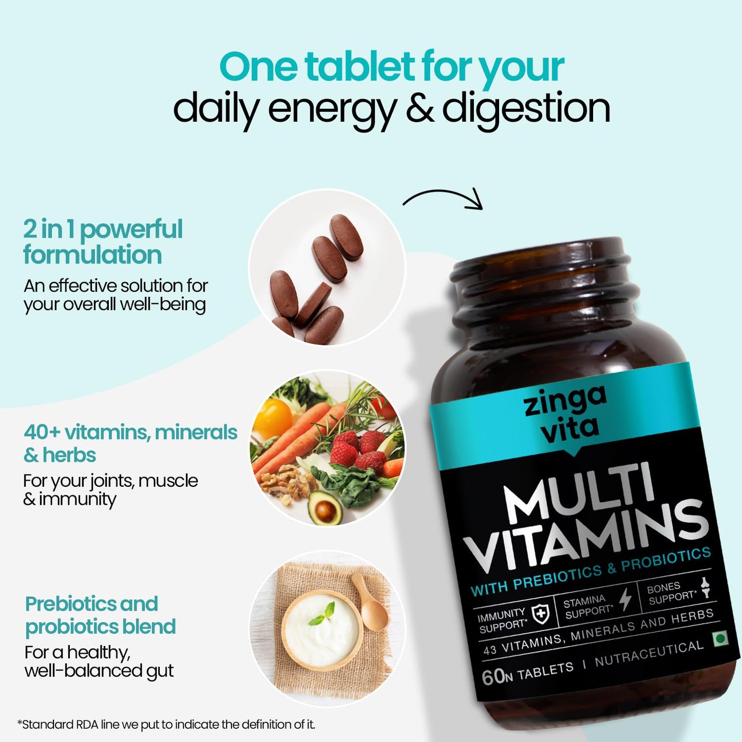 Zingavita Probiotics Prebiotics Multivitamin Tablets with 43 Essential MineralsVitamins C D Zinc Biotin for Better Immunity Joint Support for Men Women 60 Tablets Zingavita Probiotics Prebiotics Multivitamin Tablets with 43 Essential MineralsVitamins C D Zinc Biotin for Better Immunity Joint Support for Men Women 60 Tablets