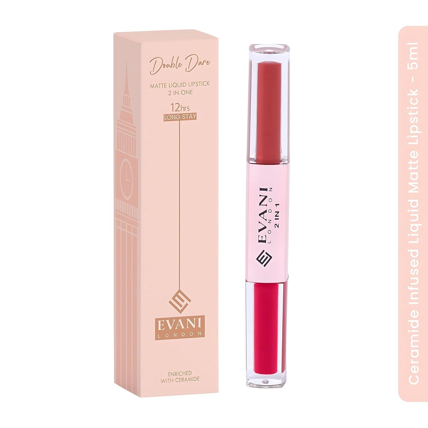Evani London 2 in 1 Double Dare Liquid Lipstick Long lasting up to 12hrs Waterproof with Ultra Matte Finish (Terrific Pink 5ml) Evani London 2 in 1 Double Dare Liquid Lipstick Long lasting up to 12hrs Waterproof with Ultra Matte Finish (Terrific Pink 5ml)