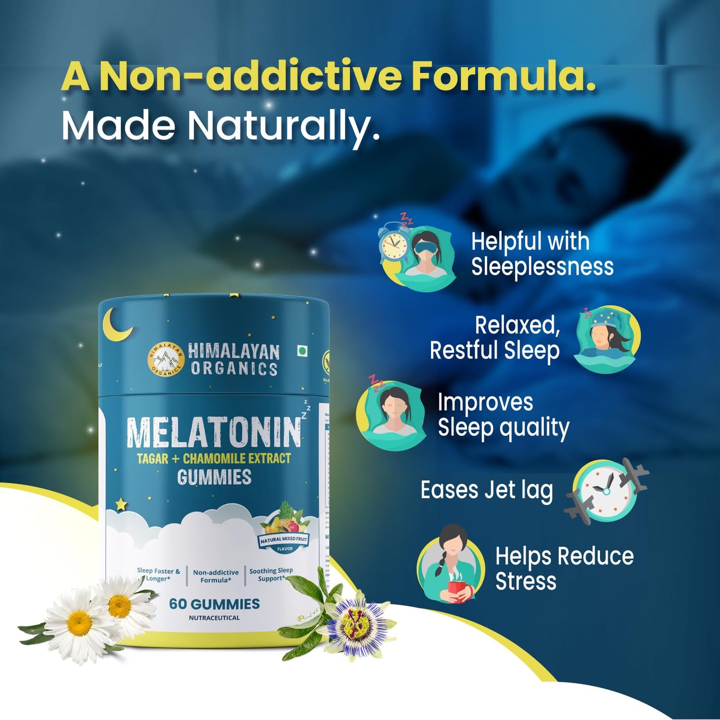 Himalayan Organics Melatonin 5MG Gummies with Tagar Chamomile Extract I L-Threnine & Vitamin B6 | Relaxed & Restful Sleep | Non Habit Forming Formula | Improves Sleep Quality Natural Sleep Soothing Sleep Himalayan Organics Melatonin 5MG Gummies with Tagar Chamomile Extract I L-Threnine & Vitamin B6 | Relaxed & Restful Sleep | Non Habit Forming Formula | Improves Sleep Quality Natural Sleep Soothing Sleep