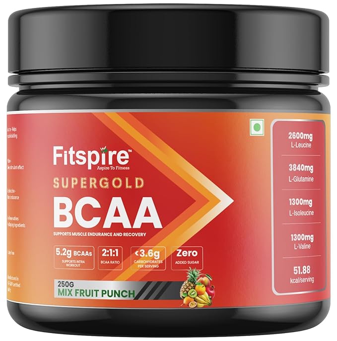Fitspire Super gold BCAA supplement muscle growth recovery intra-workout Mix Fruit punch BCAA (250 g Mix fruit punch) Fitspire Super gold BCAA supplement muscle growth recovery intra-workout Mix Fruit punch BCAA (250 g Mix fruit punch)