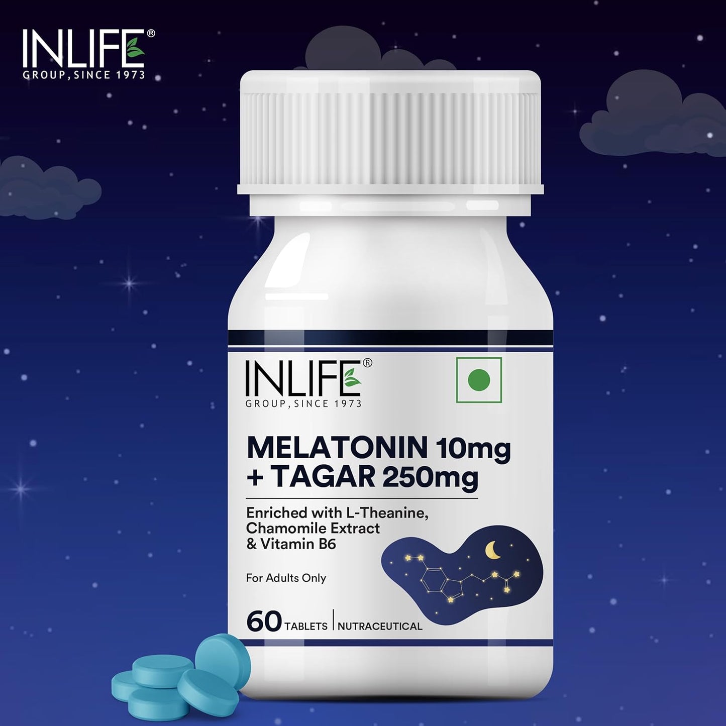 INLIFE Melatonin 10mg with Tagar 250mg 60 Tablets Enhanced with Vitamin B6 & Chamomile Extract May Support Restful Sleep Relaxation Non-Habit Forming Supports Eye Health INLIFE Melatonin 10mg with Tagar 250mg 60 Tablets Enhanced with Vitamin B6 & Chamomile Extract May Support Restful Sleep Relaxation Non-Habit Forming Supports Eye Health