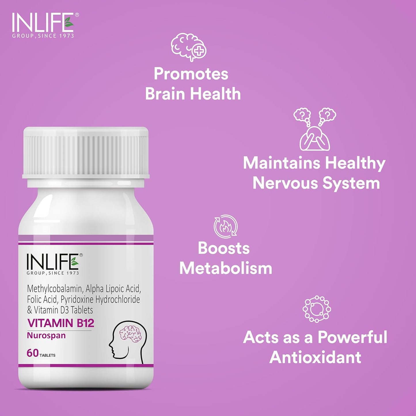 INLIFE Vitamin B12 (Methylcobalamin) 1500mcg Supplement with ALA Folic Acid Vitamin D3 Nerve and Brain Health for Men & Women 60 Tablets INLIFE Vitamin B12 (Methylcobalamin) 1500mcg Supplement with ALA Folic Acid Vitamin D3 Nerve and Brain Health for Men & Women 60 Tablets