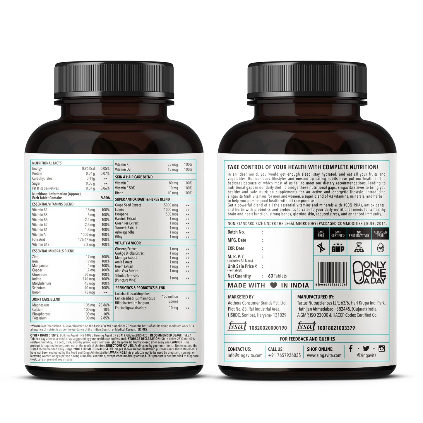 Zingavita Probiotics Prebiotics Multivitamin Tablets with 43 Essential MineralsVitamins C D Zinc Biotin for Better Immunity Joint Support for Men Women 60 Tablets Zingavita Probiotics Prebiotics Multivitamin Tablets with 43 Essential MineralsVitamins C D Zinc Biotin for Better Immunity Joint Support for Men Women 60 Tablets