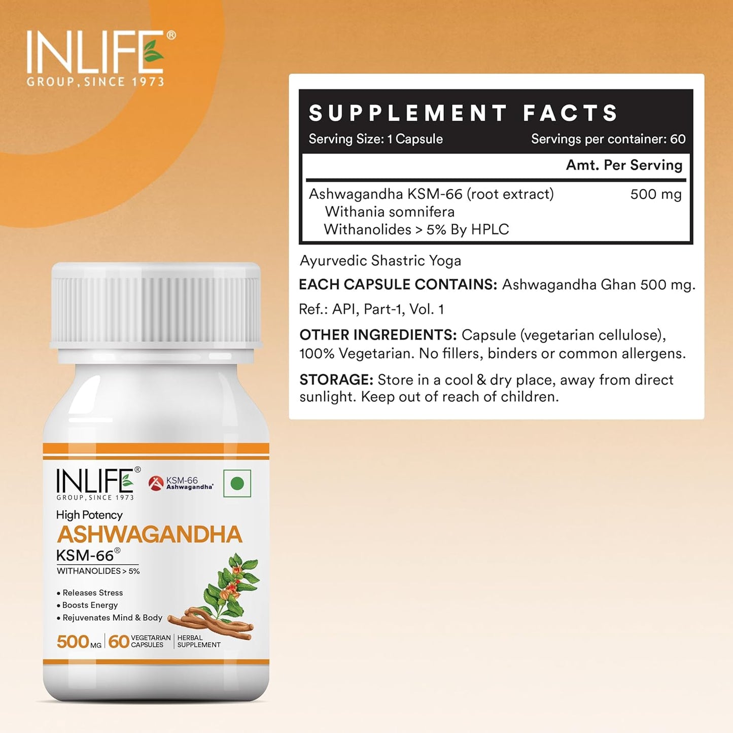 INLIFE Ashwagandha KSM-66 (500 mg) 60 Capsules Extra Strength Natural Formulation Supports Strength Energy Withania Somnifera Extract INLIFE Ashwagandha KSM-66 (500 mg) 60 Capsules Extra Strength Natural Formulation Supports Strength Energy Withania Somnifera Extract