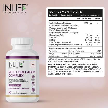 Inlife Multi Collagen Complex Supplement | 5 Peptides I II III V & X for Skin & Hair (90 Tablets) Inlife Multi Collagen Complex Supplement | 5 Peptides I II III V & X for Skin & Hair (90 Tablets)