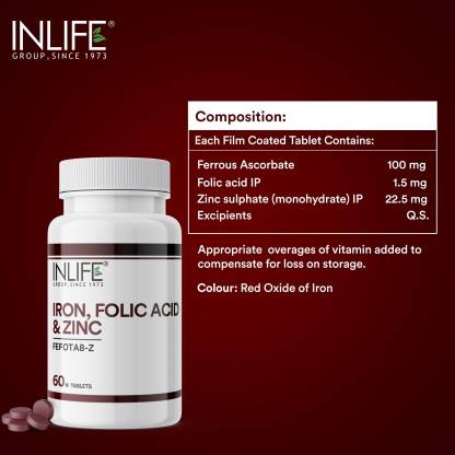 INLIFE Iron Folic Acid Zinc | Blood Builder Supplement for Men and Women - 60 Tablets for Iron Production INLIFE Iron Folic Acid Zinc | Blood Builder Supplement for Men and Women - 60 Tablets for Iron Production