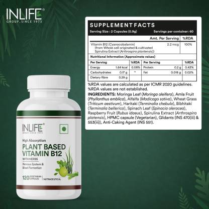 Inlife Plant Based B12 Supplements - Boost Energy Nervous System Support Veg Capsules (120 No) Inlife Plant Based B12 Supplements - Boost Energy Nervous System Support Veg Capsules (120 No)