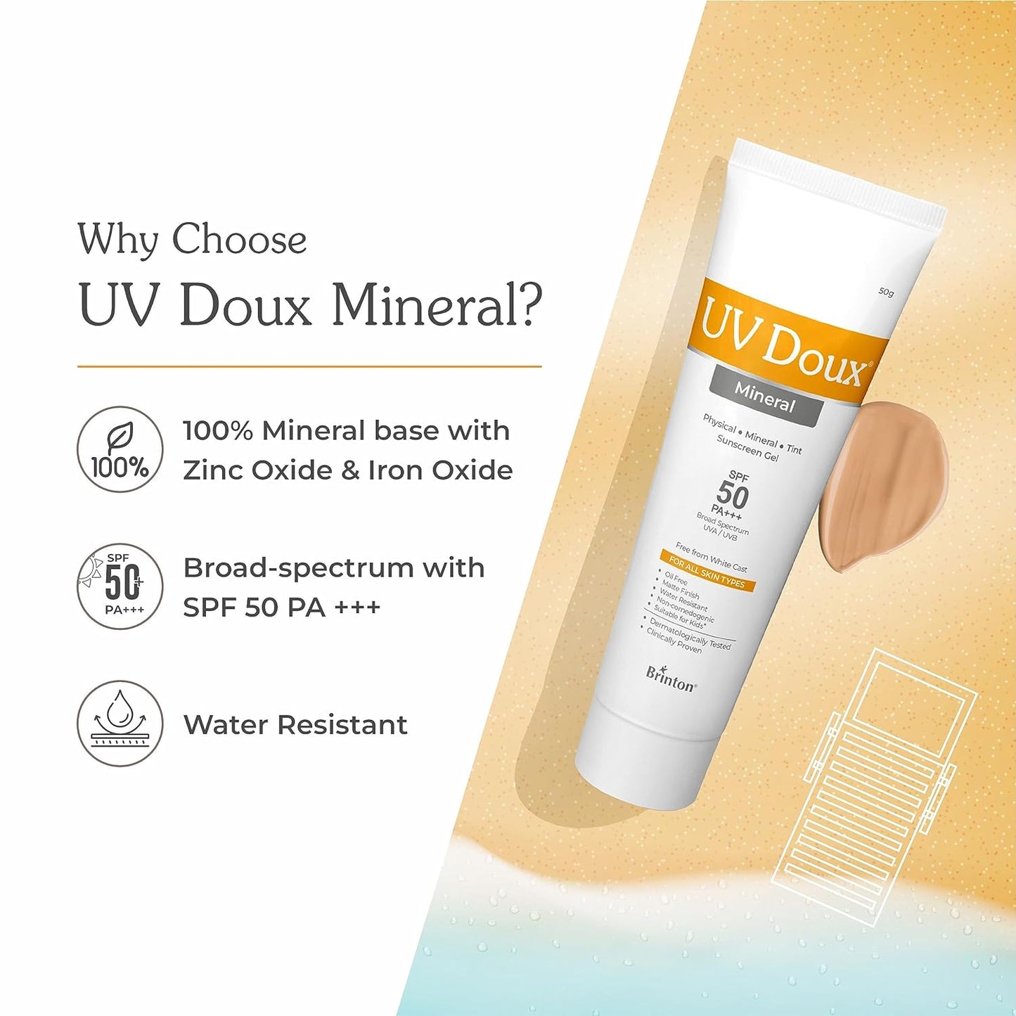 link Brinton UV Doux Mineral Sunscreen Gel SPF 50 PA+++ Tinted|No White Cast|Water Resistant - SPF 50 PA+++ (50 g)