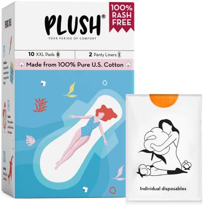 PLUSH XXL Extra Extra Large U.S. Cotton Sanitary pads with individual biodegradable pouches Sanitary Pad (Pack of 12) PLUSH XXL Extra Extra Large U.S. Cotton Sanitary pads with individual biodegradable pouches Sanitary Pad (Pack of 12)