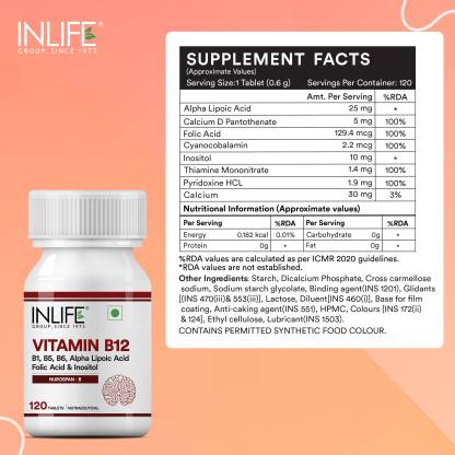 Inlife Vitamin B12 with Alpha Lipoic Acid Folic Acid | Nerve Health for Men & Women.  (120 Tablets)