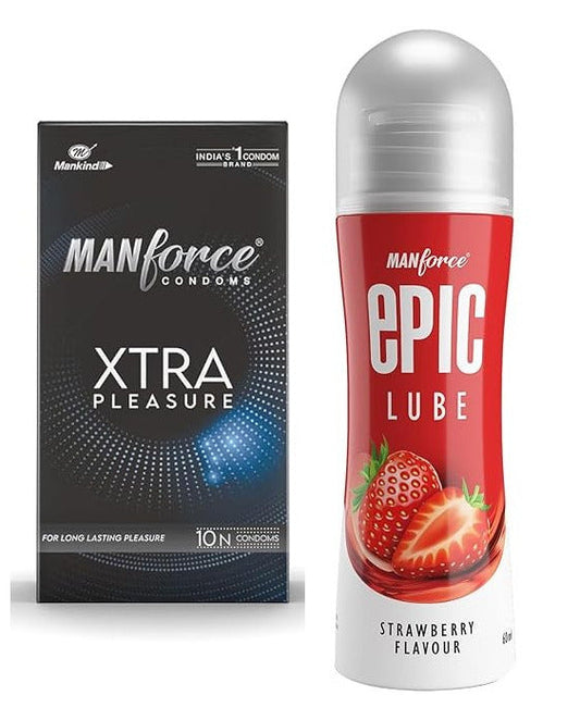 Manforce Xtra pleasure climax delay extra dotted condoms 10s+ MANFORCE EPIC Strawberry LUBE 60 ml