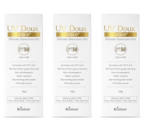 Brinton UV Doux Gold Silicone Sunscreen Gel SPF 50 PA+++ With Vitamin C & E | Clinically Tested Water Resistant & Non- Greasy | UVA/UVB Protection Against UVA/UVB Rays| For All Skin Types 100 gm (Pack of 1)