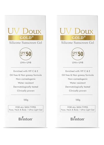 Brinton UV Doux Gold Silicone Sunscreen Gel SPF 50 PA+++ With Vitamin C & E | Clinically Tested Water Resistant & Non- Greasy | UVA/UVB Protection Against UVA/UVB Rays| For All Skin Types 100 gm (Pack of 1)