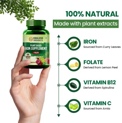 Himalayan Organics Plant Based Iron Supplement With Folate | Improved Hemoglobin & Oxygen Capacity | Stomach Friendly | Boost Energy - 120 Veg Capsules