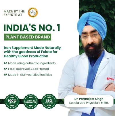 Himalayan Organics Plant Based Iron Supplement With Folate | Improved Hemoglobin & Oxygen Capacity | Stomach Friendly | Boost Energy - 120 Veg Capsules