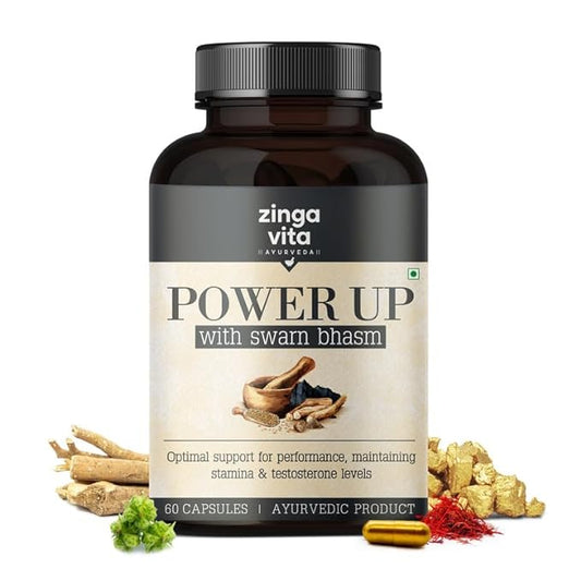 Zingavita Ayurveda Power Up Gold Capsules ஆயுஷ் 17 ஆயுர்வேத மூலிகைகளான Shilajit Ashwagandha Safed Musli Gokshura &amp; Swarn Bhasm for Strength Stamina &amp; Performance 60 காப்ஸ்யூல்கள்