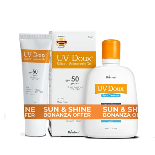Brinton UV Doux Sunscreen Gel SPF50 PA+++ & UV Doux Face Cleanser 125ml Combo | Ultimate Skincare Duo for Sun Protection & Deep Cleansing | Non-Greasy Dermatologist-Tested Suitable for All Skin Types