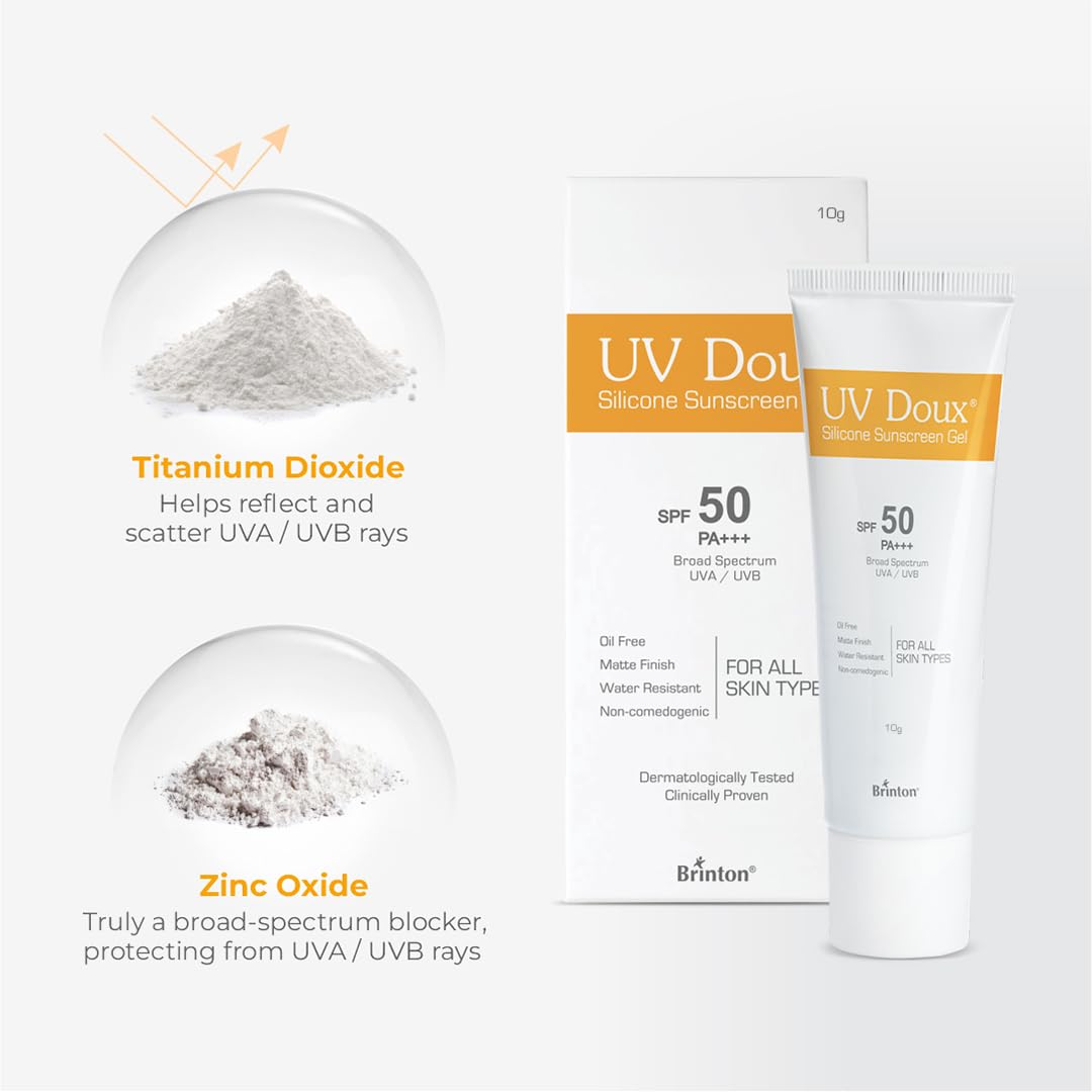 Brinton Healthcare Uvdoux Face & Body Sunscreen Gel With Spf 50 Pa+++ In Matte Finish And Oil Free Formula Water Resistant Protection Against Uva Uvb Rays (10 Gm) For Combination Skin Types