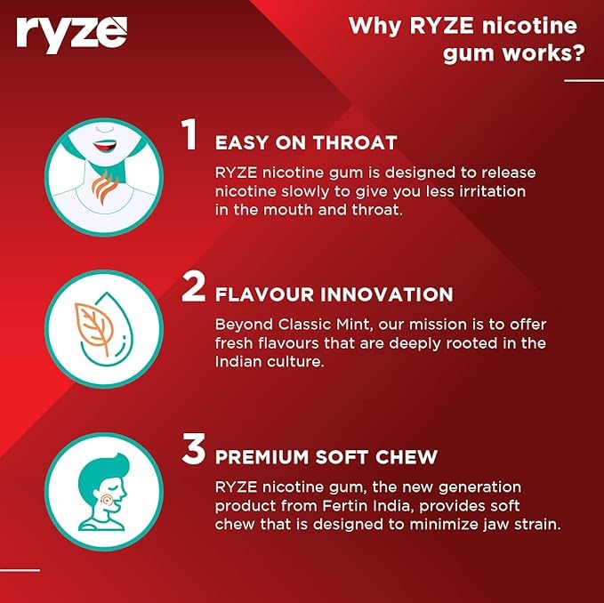 RYZE निकोटीन गम 2mg पान मसाला नरम चबाना गले पर आसान चीनी मुक्त धूम्रपान छोड़ने और चबाने धूम्रपान समाप्ति 9 गम प्रत्येक