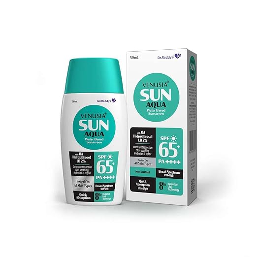 Venusia நீர் சார்ந்த சன்ஸ்கிரீன் I SPF 65 I 8hrs hydration lock I UVA UVB பாதுகாப்பு, எண்ணெய் மற்றும் முகப்பரு தோலுக்கான அல்ட்ரா லைட், வெள்ளை காஸ்ட் இல்லை I 50 கிராம் பேக் 1