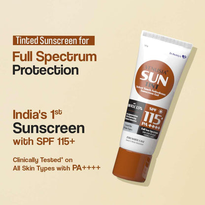 Venusia Tinted sunscreen SPF115I Full spectrum protection I UVA UVB Blue light protect I with Anti-oxidant I Sweat & water resistant I No white cast I clinically tested for all skin types I 50 g Pack of 1