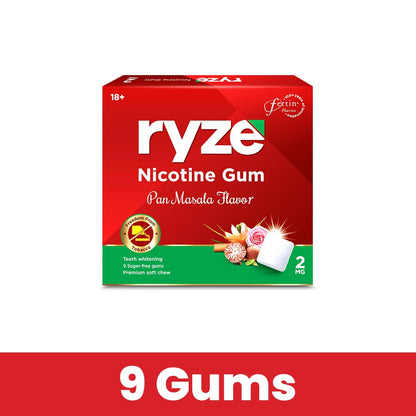 RYZE நிகோடின் கம் 2mg பான் மசாலா சாஃப்ட் மெல்லும் தொண்டையில் சர்க்கரை இலவசம் புகைபிடித்தல் &amp; மெல்லுதல் புகைத்தல் நிறுத்துதல் தலா 9 ஈறுகள்