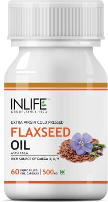 Inlife Flaxseed Oil  60 Vegetarian Capsules (500mg)  Extra Virgin Cold Pressed Oil  (60 No)