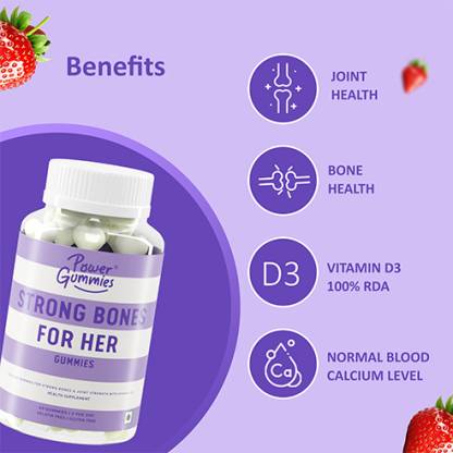 Power Gummies Strong Bones for Her-Vitamin D3 & Calcium with Strawberry Flavour-60 gummies