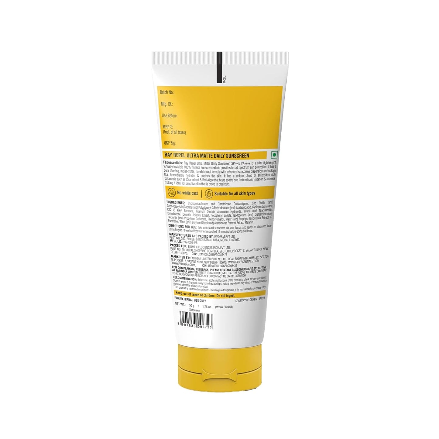 Fabessentials Ultra Matte Daily Sunscreen SPF 45 PA++++  50 gm  High UVA/UVB Protection  Vitamin E  Niacinamide  BroadSpectrum Protection  For All Skin Type  6 Hrs. Sun Protection