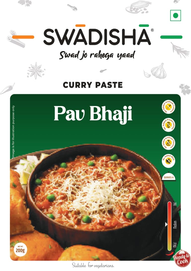 Swadisha Pav Bhaji Ready To Cook Curry Paste I 200gms I 3 Easy Steps Recipe I Add Your Choice Of Cooked Vegetables I Authentic Taste INo Preservatives I Serves 46 I Ready In 15 Mins