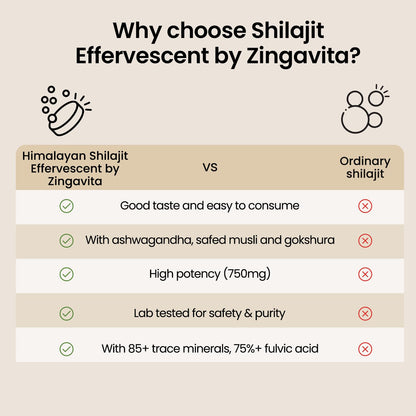 ज़िंगविटा 750 मिलीग्राम शिलाजीत इफ़र्वेसेंट टैबलेट अश्वगंधा अर्क गोकशुरु मेथी और सफ़ेद मूसली के साथ शक्ति, जीवन शक्ति और प्रदर्शन के लिए इलायची स्वाद 15 टैबलेट