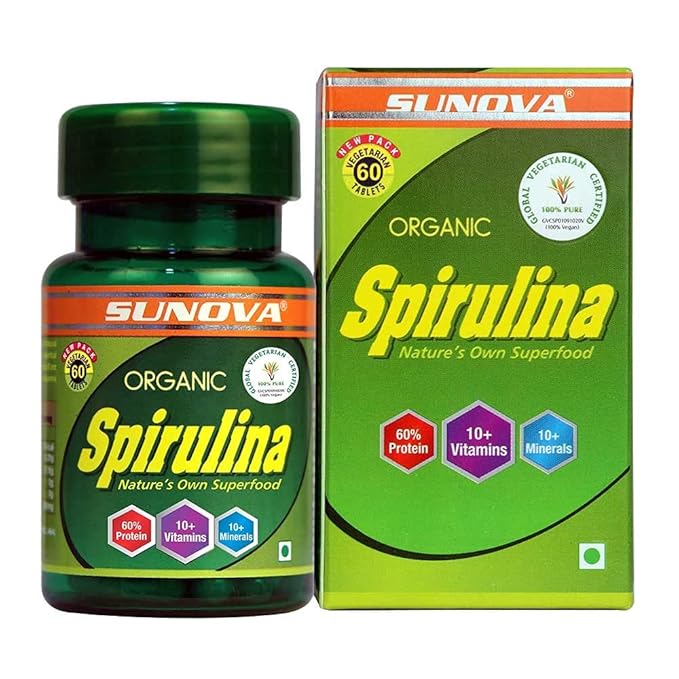 SUNOVA Organic Spirulina Tablets – Natures Own Superfood and Nutritional Supplement Spirulina and Blue-Green Algae for Full Body Support – 60 Tablets