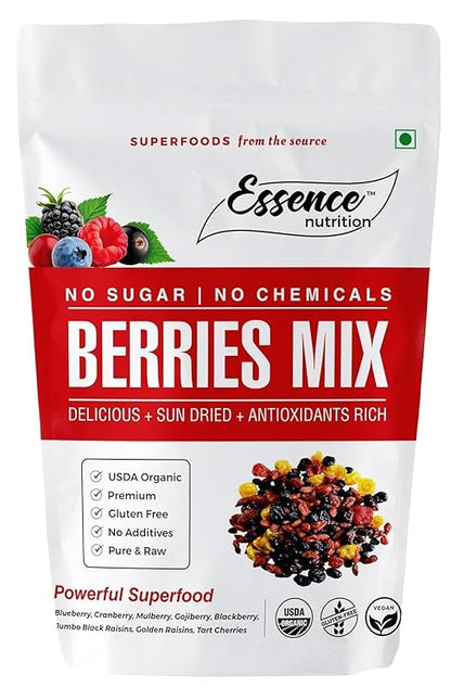 Essence Nutrition Premium Berries Mix (200grams) - Gluten Free Unsulphured Imported Berry - Blueberry & Cranberry Dry Fruit with Mix Raisins Without Sugar.