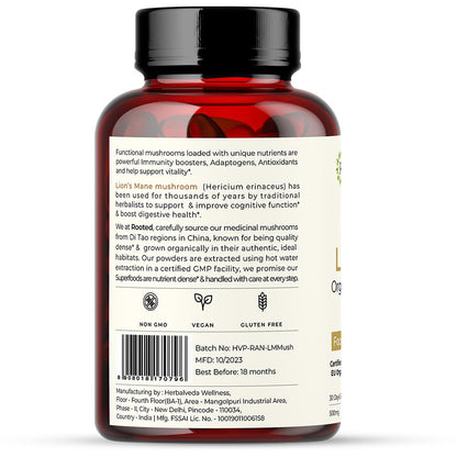 ROOTED Usda Organic Lions Mane Mushroom Extract Capsules 38% Beta Glucans(60 Capsule)