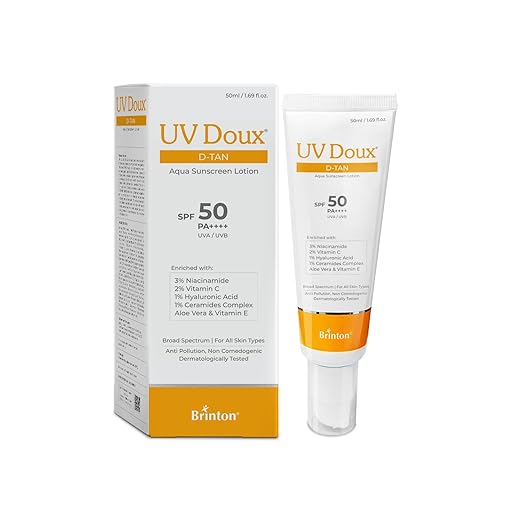 Brinton UV Doux DTan Aqua Sunscreen Lotion  SPF 50 PA++++  8Hour Hydration DTan Formula with Niacinamide  Vitamin C 50 ml