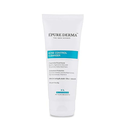 EPURE DERMA Anti Acne Face Cleanser with 2% Salicylic Acid  Zinc  Allantoin For Acne or Pimples  Hydrating Formula & Antioxidant Rich Face Wash For Oily Skin  Men & Women  100 ml