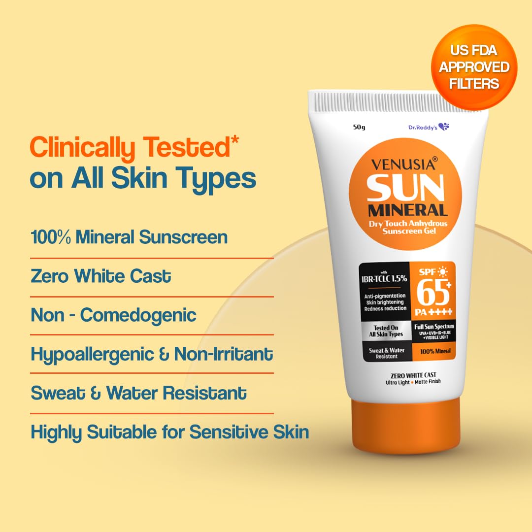 Venusia Mineral sunscreen SPF65I Full spectrum protection I UVA UVB Blue light protect I with Anti-oxidant I Sweat & water resistant I No white cast I clinically tested for all skin types I 50 g Pack of 1