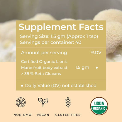 Rooted Actives Lions Mane mushroom Extract (120 g)  Memory Focus Brain Powder & Nerve Health. USDA Organic 38% Beta Glucans