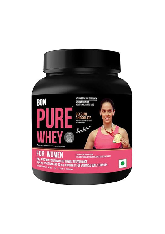 BON PURE WHEY For Women 1kg | The HOLISTIC WHEY PROTEIN | Vit B6 and Zinc for Immunity | Vit C Biotin for Healthy Skin Hair and Nails | Muscle Strength and Bone Health | Essential Protein BCAA Vitamins and Minerals | Belgian Chocolate