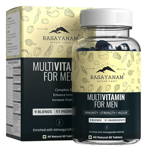 Rasayanam Multivitamin for Men  51 ingredients  9 Blends  Heart blend Pre and Probiotic blends Biotin skin blend Ashwagandha muscle recovery blend  Best Multivitamin for men- 60 Tablets