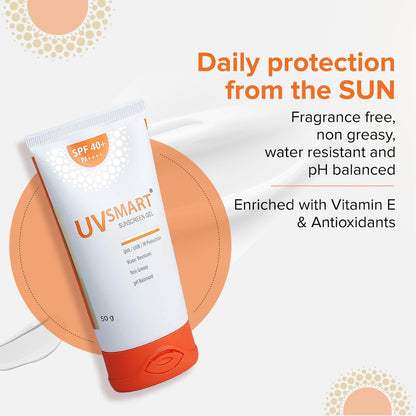 UVSmart SPF 40 Sunscreen Gel PA UVA UVB &amp; IR பாதுகாப்பு pH சமப்படுத்தப்பட்ட SLS &amp; paraben இலவச சன்ஸ்கிரீன் 50g பேக்