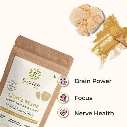 Rooted Actives Lions Mane mushroom Extract (120 g)  Memory Focus Brain Powder & Nerve Health. USDA Organic 38% Beta Glucans