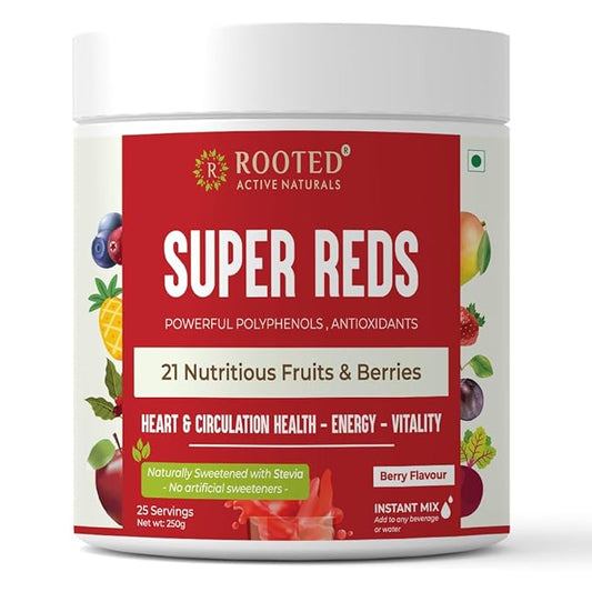 Rooted Super Reds blend of 21 nutritious fruits & berries | Rich in antioxidants flavonoids & polyphenols | Heart Circulation health Energy & Vitality ( 250 gm) Tasty berry flavor ( USA FDA Registered Facility )