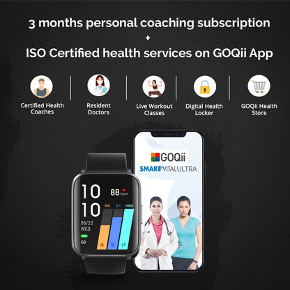 GOQii Smart Vital Ultra Smartwatch Jet Black 1.78'' AMOLED 368x448 and 2.5D Cureved Display with 10 Days Battery SPO2 and RealTime Heart Rate Tracking IPX68 Waterproof with 3 Months Personal Coaching