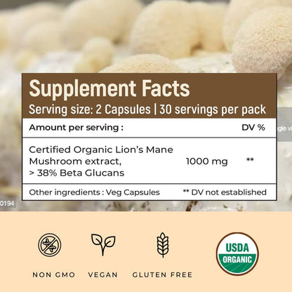 ROOTED Usda Organic Lions Mane Mushroom Extract Capsules 38% Beta Glucans(60 Capsule)