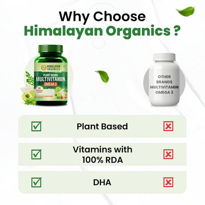 Himalayan Organics Vegan Omega-3 Capsules with Multivitamin ( Plant Based ) EPA DHA B1B2B3B5B7B9B9B12CD3K2 25+ Ingredients for Energy Immunity Heart Bone & Joints Support - 60 veg capsules